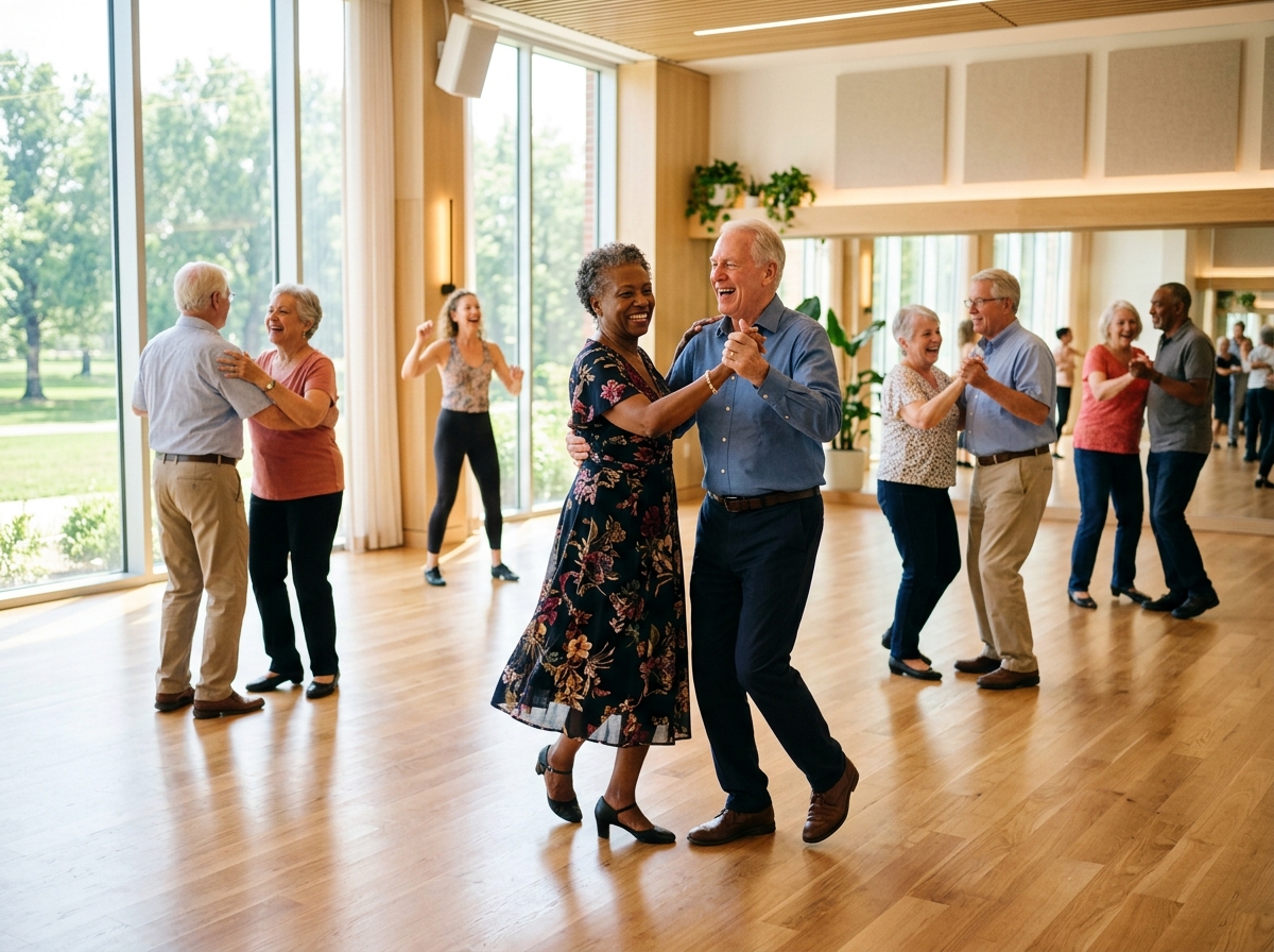 Diverse older men participating in ballroom dancing