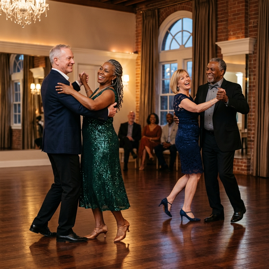 Couples enjoying ballroom dancing at TheBrightPath Foundation
