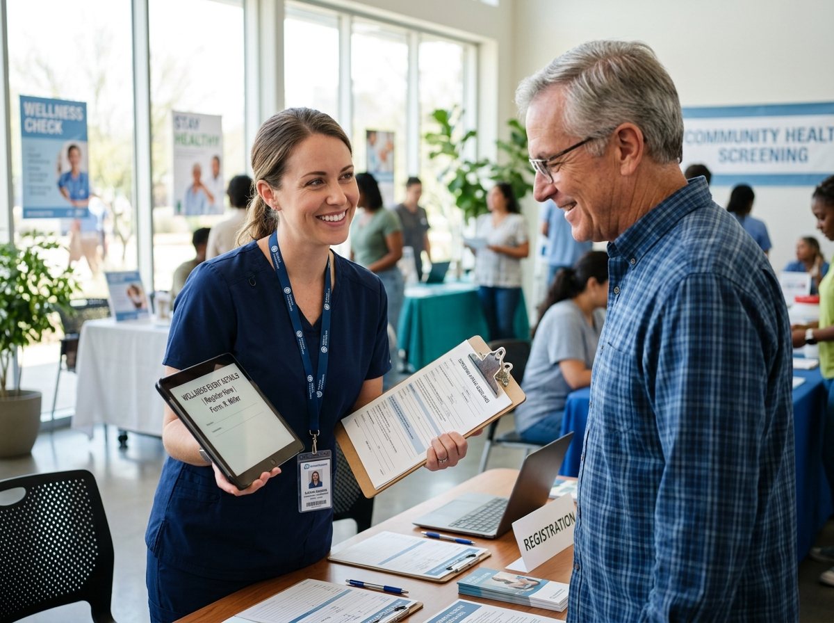 Healthcare coordinator assisting a participant with community health screening registration