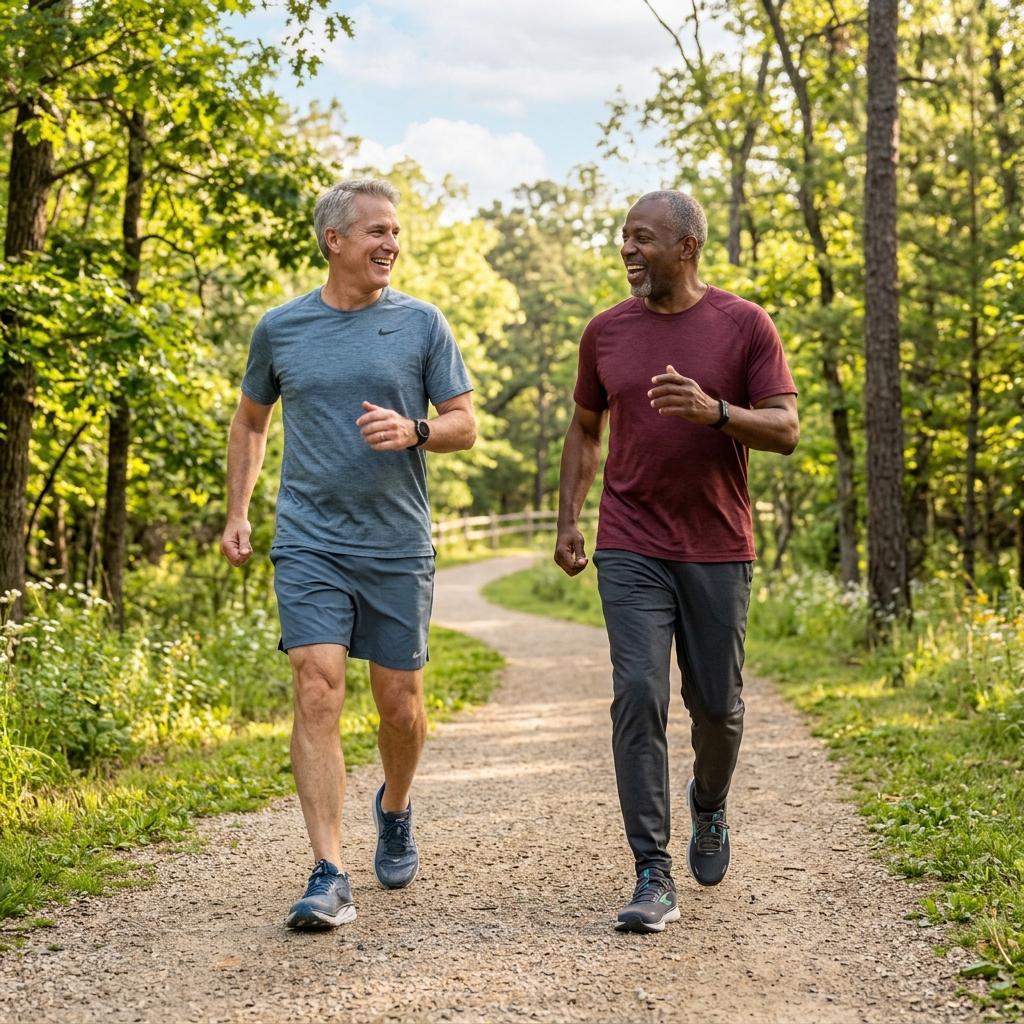 Group of men enjoying a guided brisk walk along a community trail
