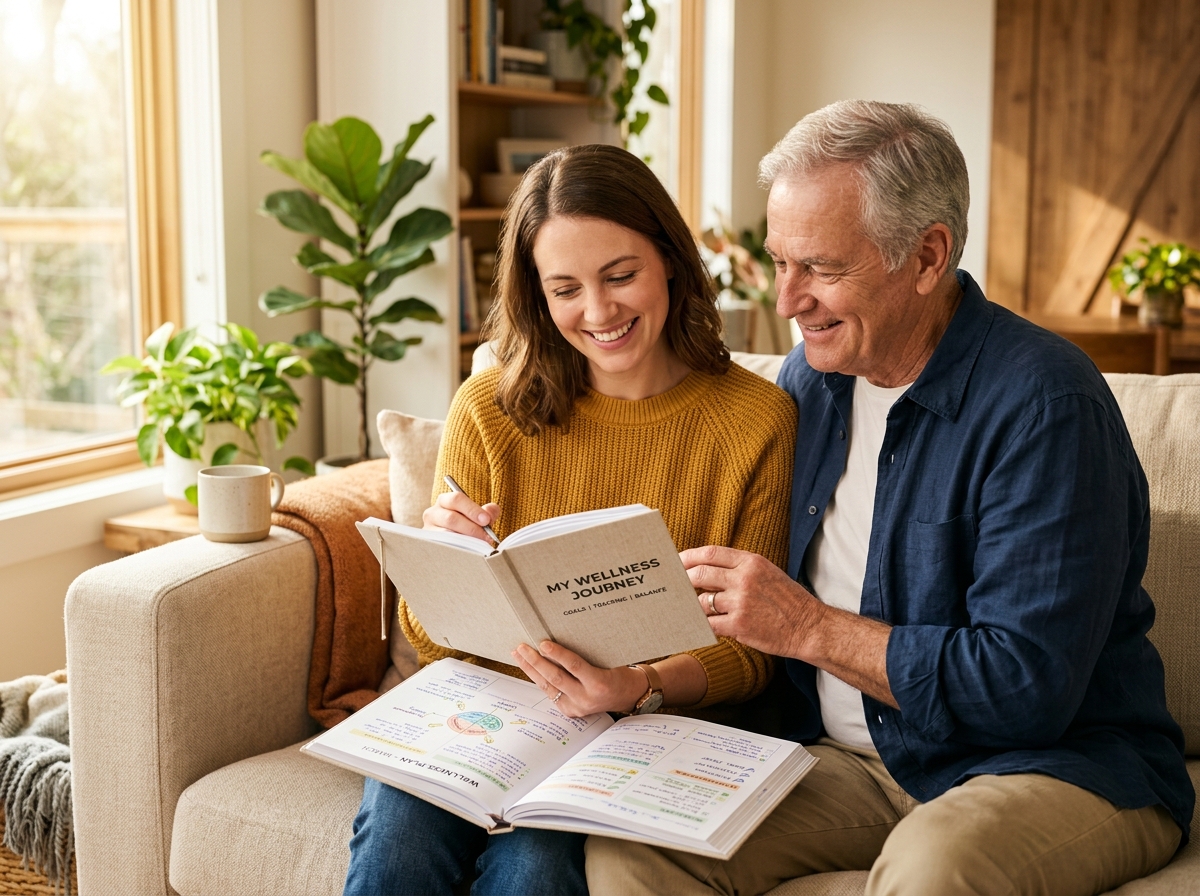 A compassionate caregiver looking at a wellness planner with an older male patient
