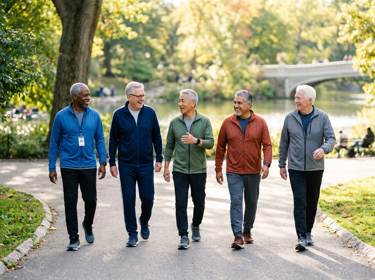 Diverse older men walking briskly through a sunny park