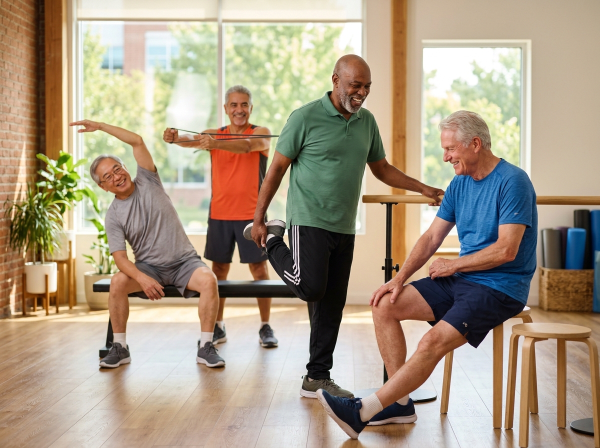 Diverse older men performing gentle flexibility stretches