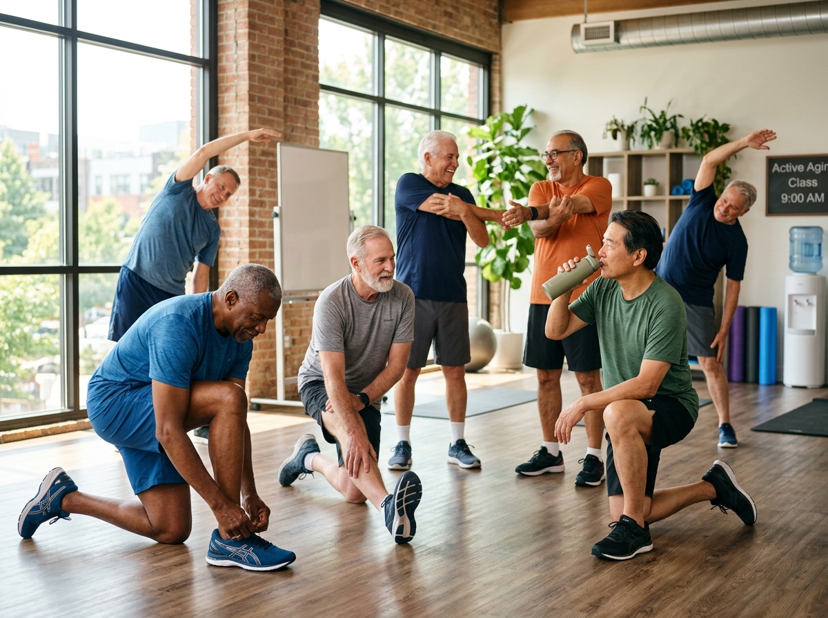 Diverse older men warming up and adjusting equipment before an exercise class