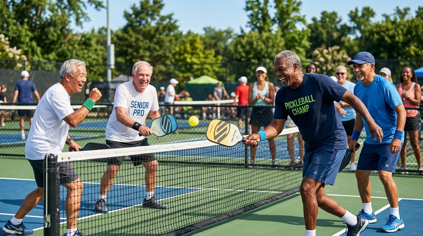 Diverse older men playing pickleball outdoors, smiling and energetic