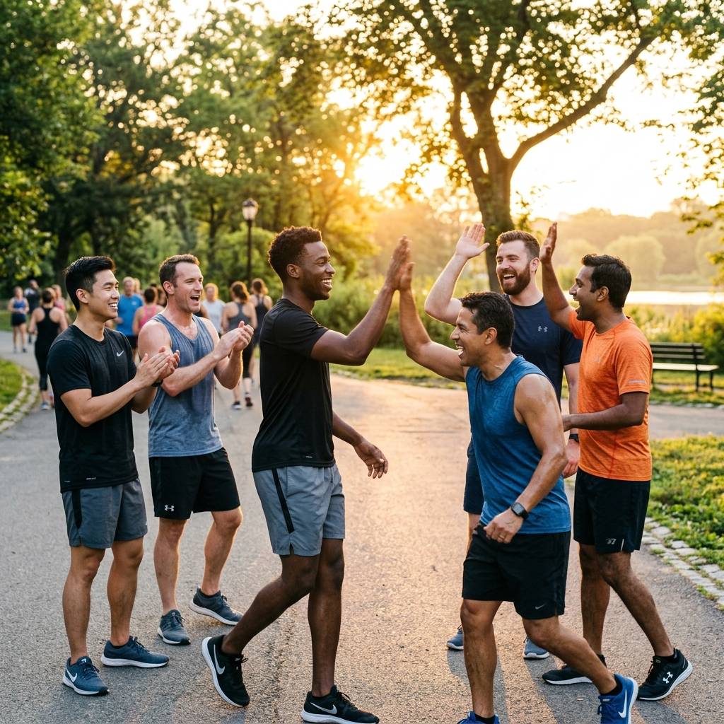 Men supporting each other in fitness cohort