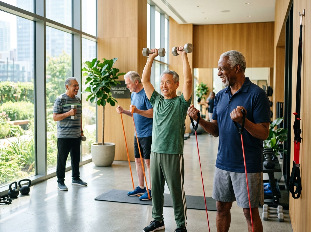 Diverse older men participating in strength training