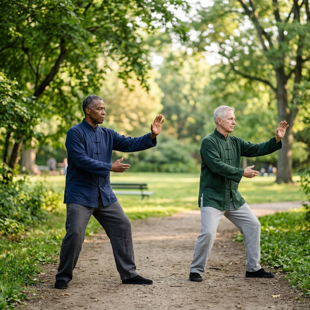 Men practicing Tai Chi outdoors