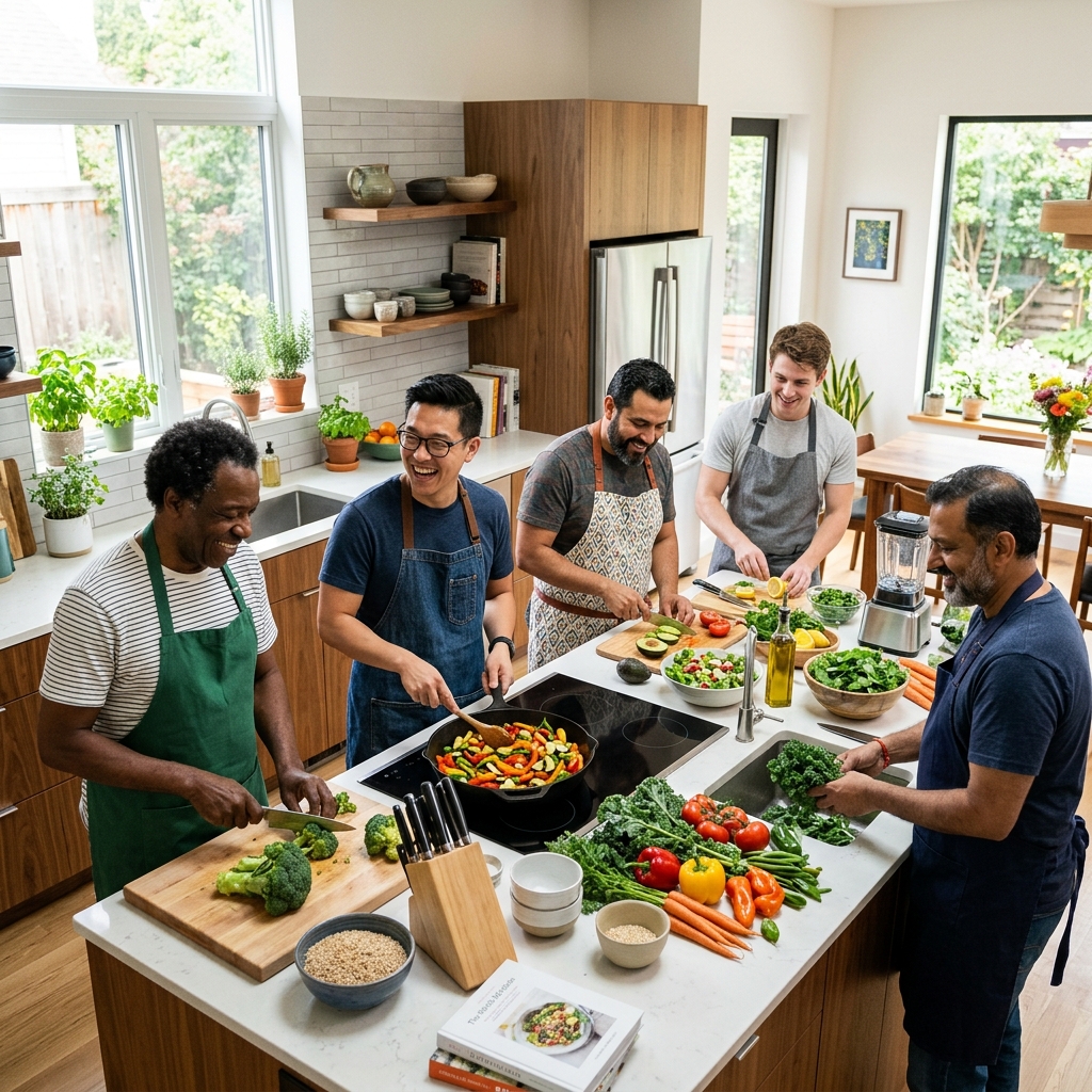 Diverse group of men preparing healthy food