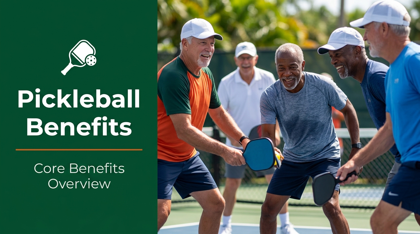 Visual Infographic: Core Benefits of Pickleball — Heart Health, Calorie Burn, Bone Strength, Balance & Coordination, Social Connection