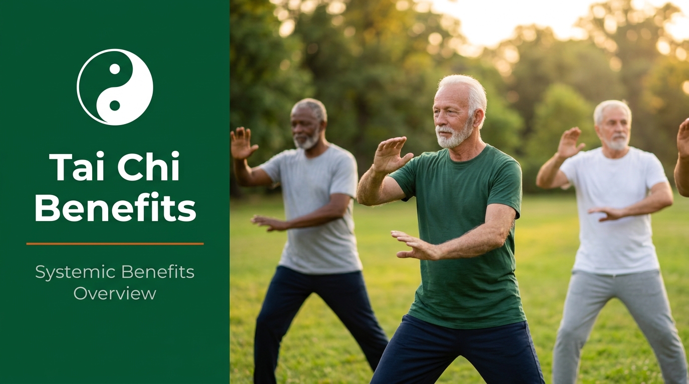 Visual Infographic: Systemic Benefits of Tai Chi — Balance, Pain Management, Cognitive Health, Heart Health